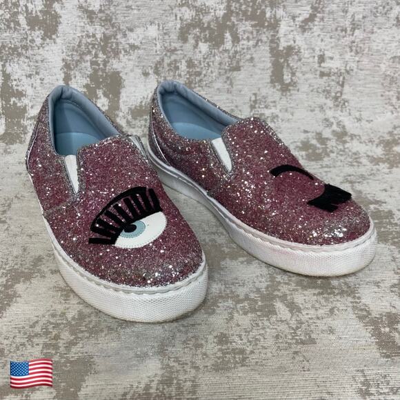 Chiara Ferragni Flirting Glitter Italian Leather Slip On Sneakers in Pink - Picture 1 of 8